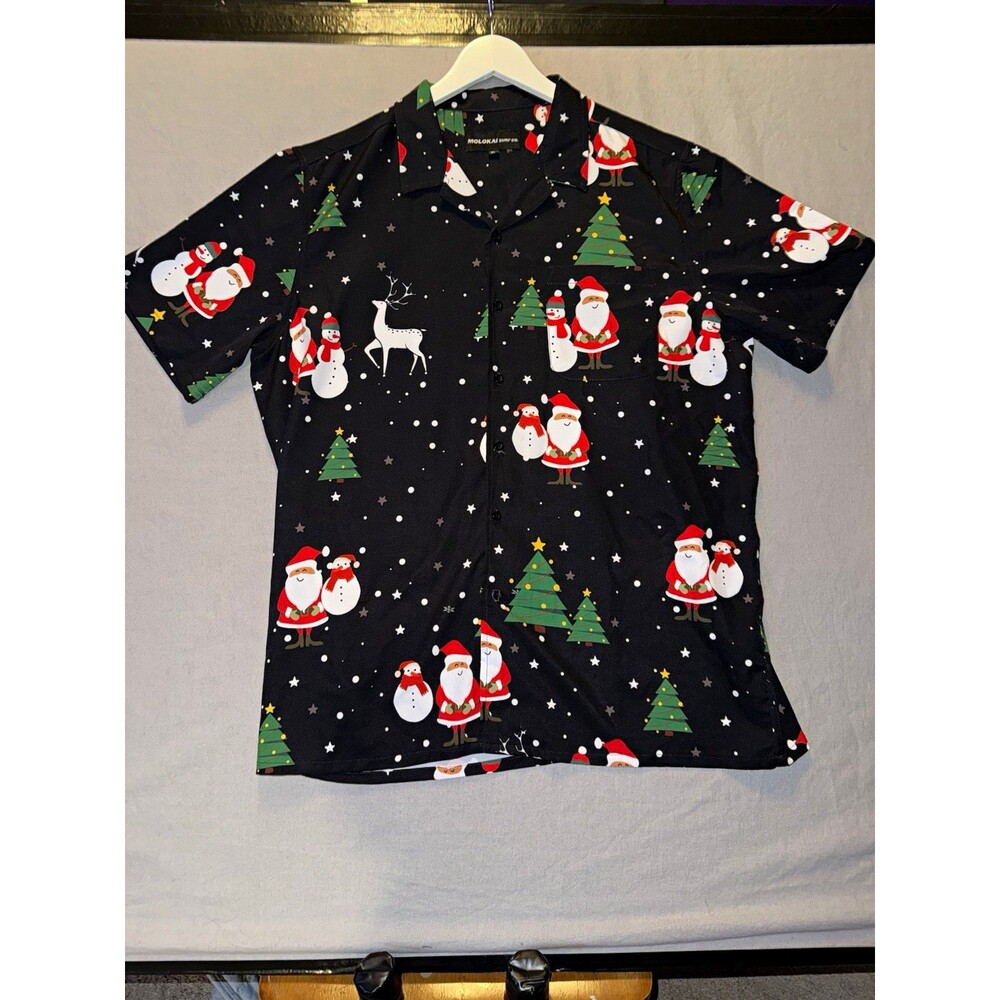 Molokai Surf Co. Men’s XL Short Sleeve Black Santa Christmas Graphic Button Up